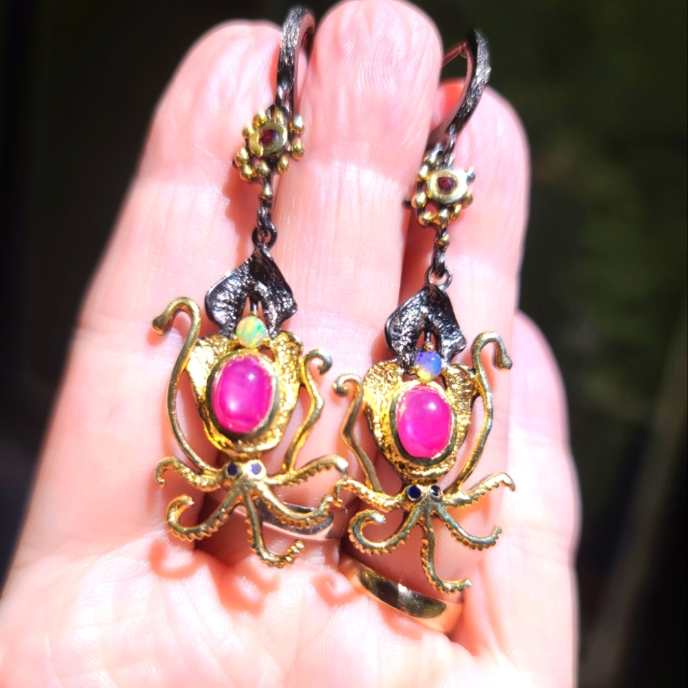 Star Ruby Opal garnet sterling rhodium & gold dramatic octopus 🐙 earrings